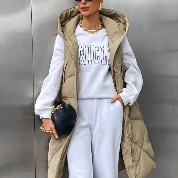 Khaki Casual Womens Pocket Zip Up Hooded Puffer Vest Coat - Picture 2 of 5